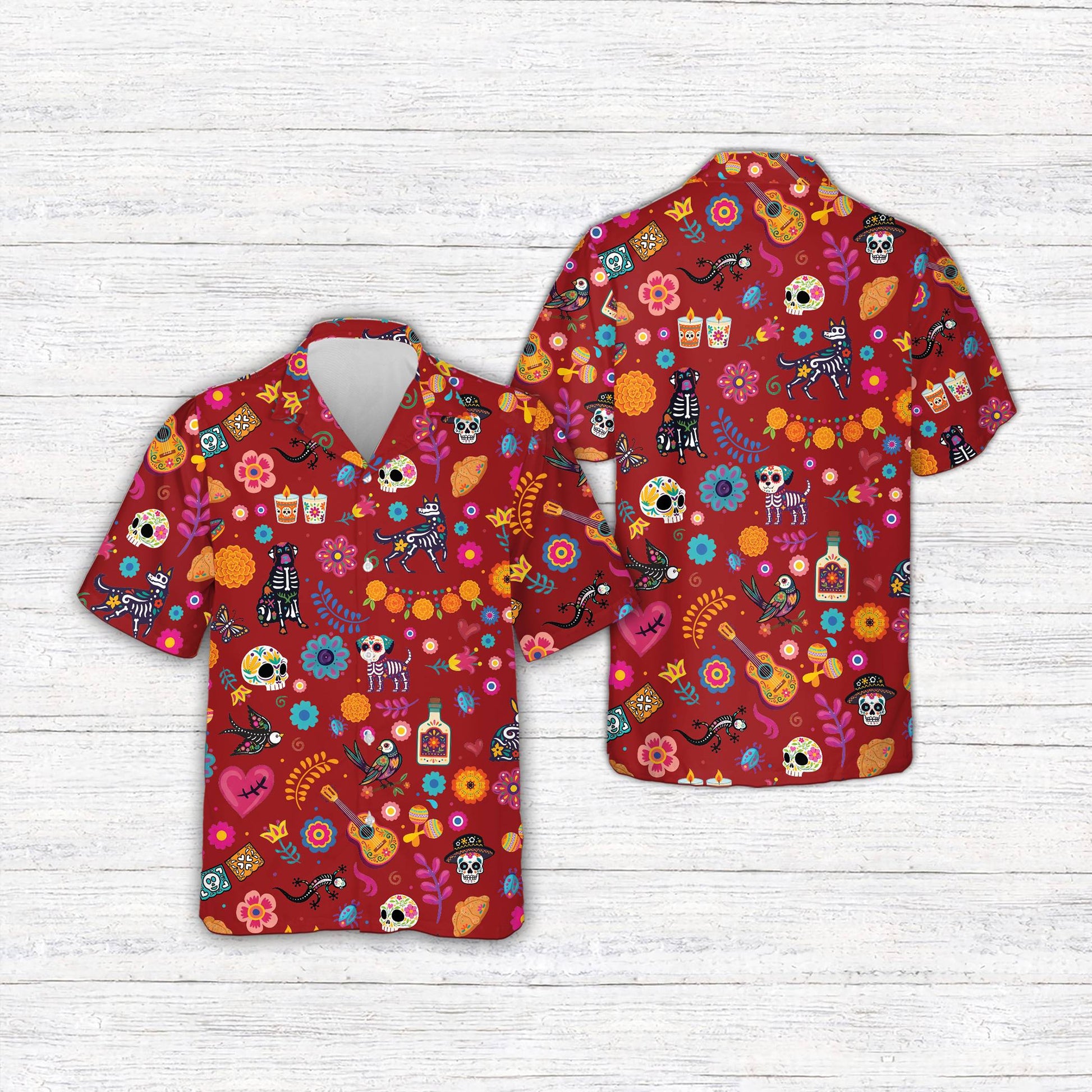 Front view of vibrant multicolor hawaiian shirt with sugar skulls