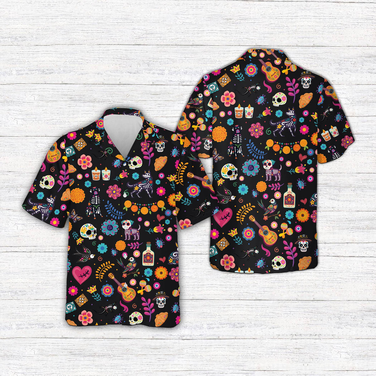 Front view of day of the dead hispanic heritage hawaiian shirt