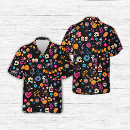 Front view of day of the dead hispanic heritage hawaiian shirt