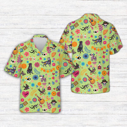Front view of green matching family hawaiian shirt with sugar skull pattern