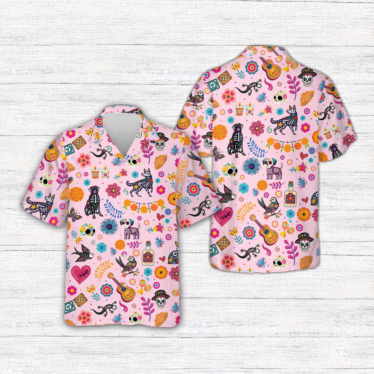 Front view of pink matching family hawaiian shirt with skeleton dogs and flowers