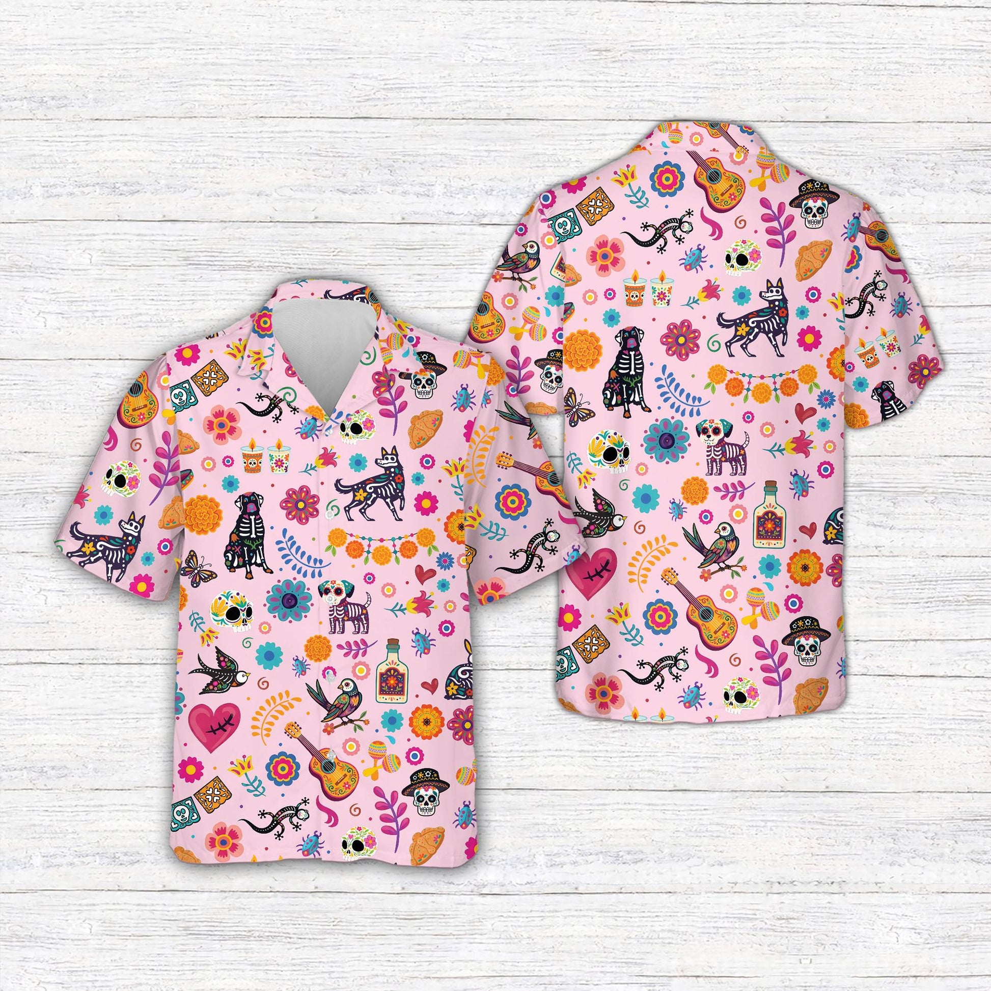 Front view of pink matching family hawaiian shirt with skeleton dogs and flowers