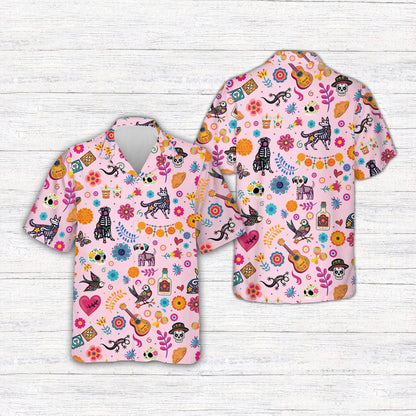 Front view of pink matching family hawaiian shirt with skeleton dogs and flowers