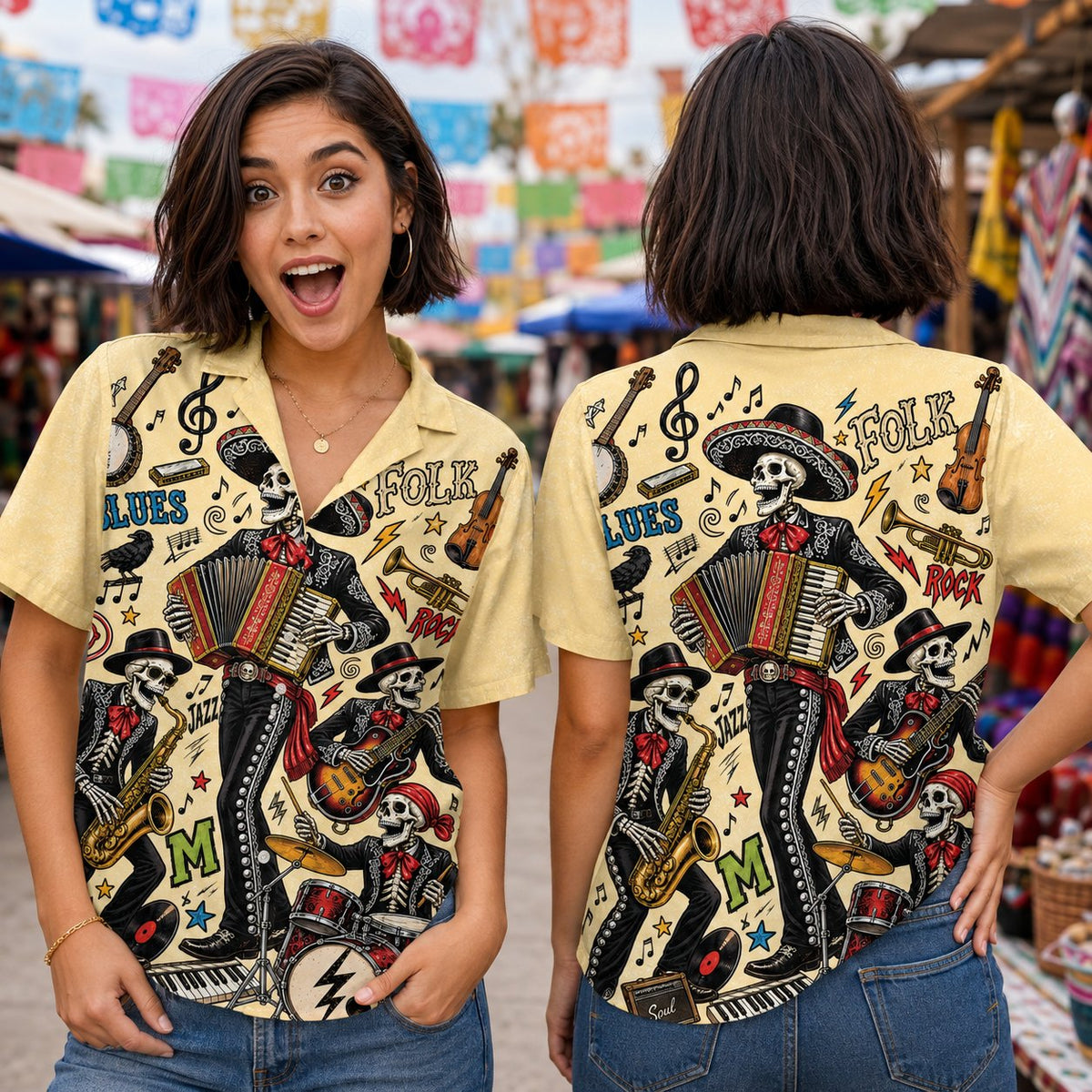 Front view of the Day of the Dead mariachi skeleton Hawaiian shirt
