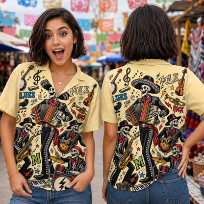 Front view of the Day of the Dead mariachi skeleton Hawaiian shirt