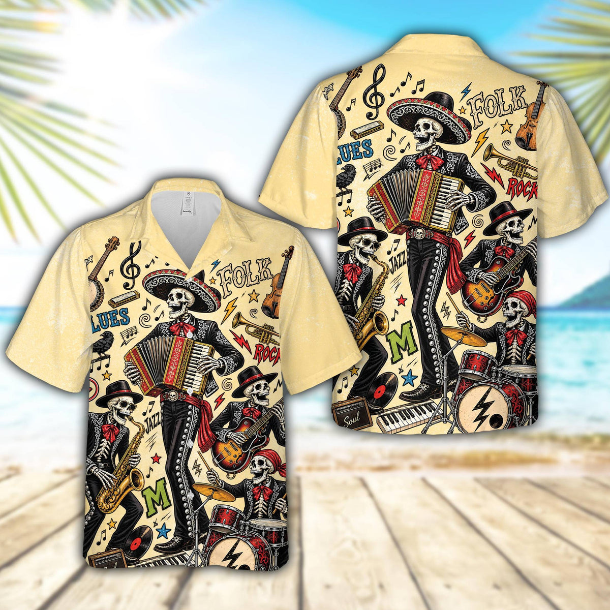 Matching family hawaiian shirt featuring Day of the Dead mariachi skeletons on a yellow background