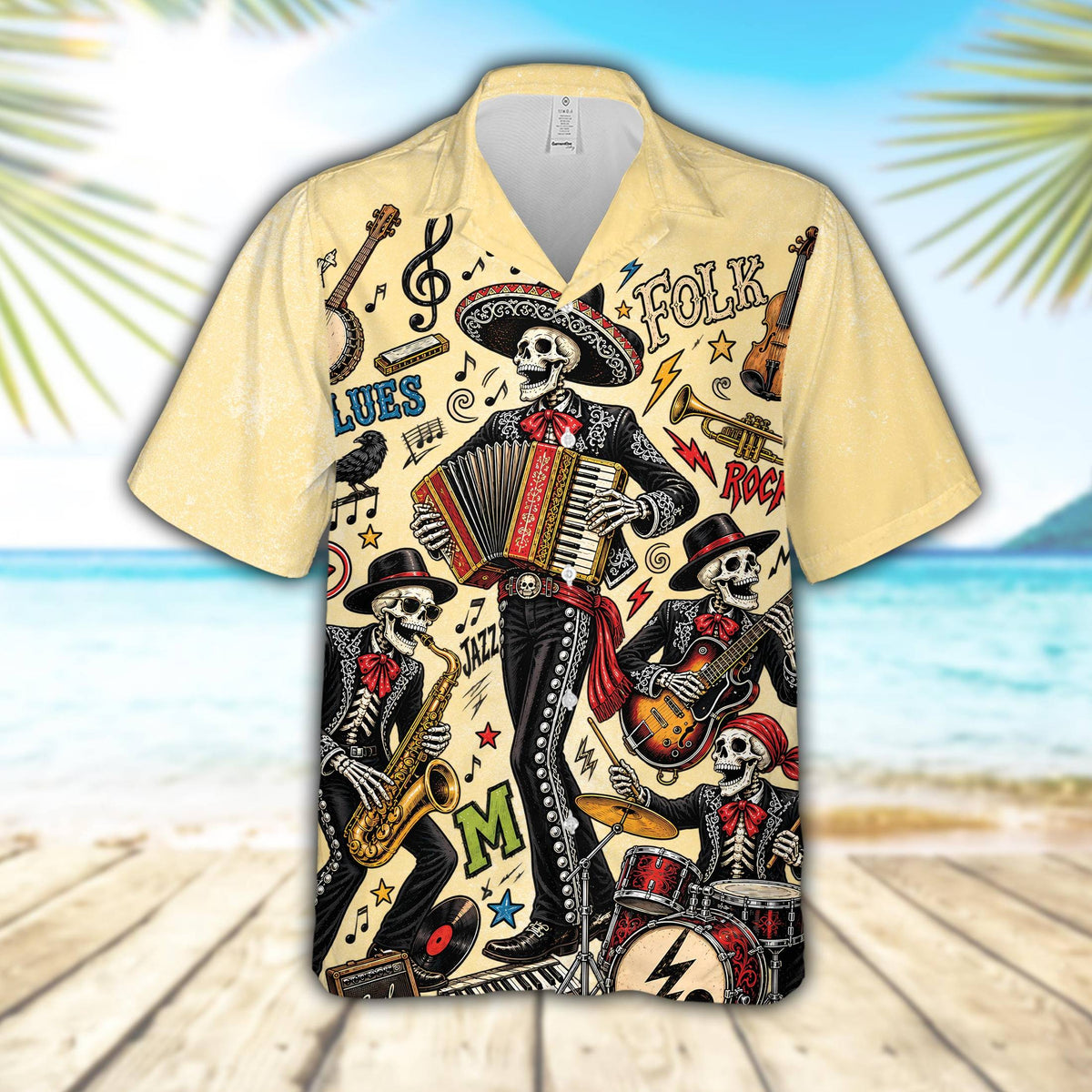 Lifestyle view of the yellow matching family hawaiian shirt with skeleton musicians