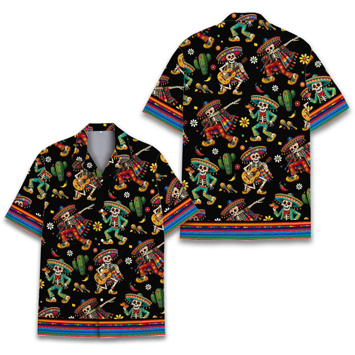 Detailed front view of the festive skeleton print Hawaiian shirt