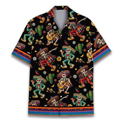 Front view of the Day of the Dead Mexican skeletons Hawaiian shirt