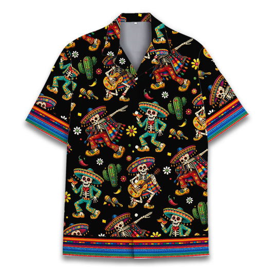 Matching family Hawaiian shirts featuring Day of the Dead Mexican skeletons on a black background