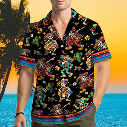 Lifestyle image of family wearing matching Day of the Dead Hawaiian shirts