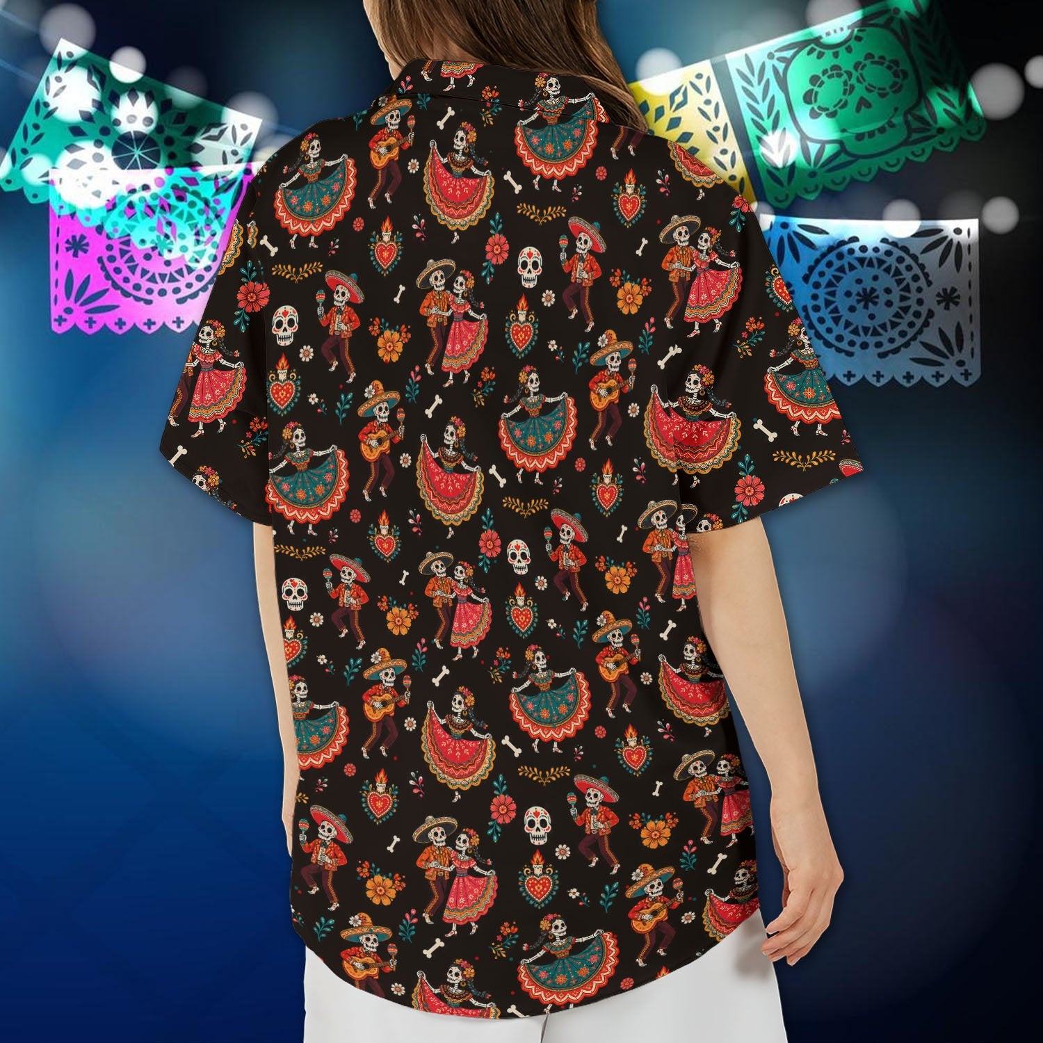 Back view of the hawaiian shirt highlighting the dancing skeletons and floral patterns