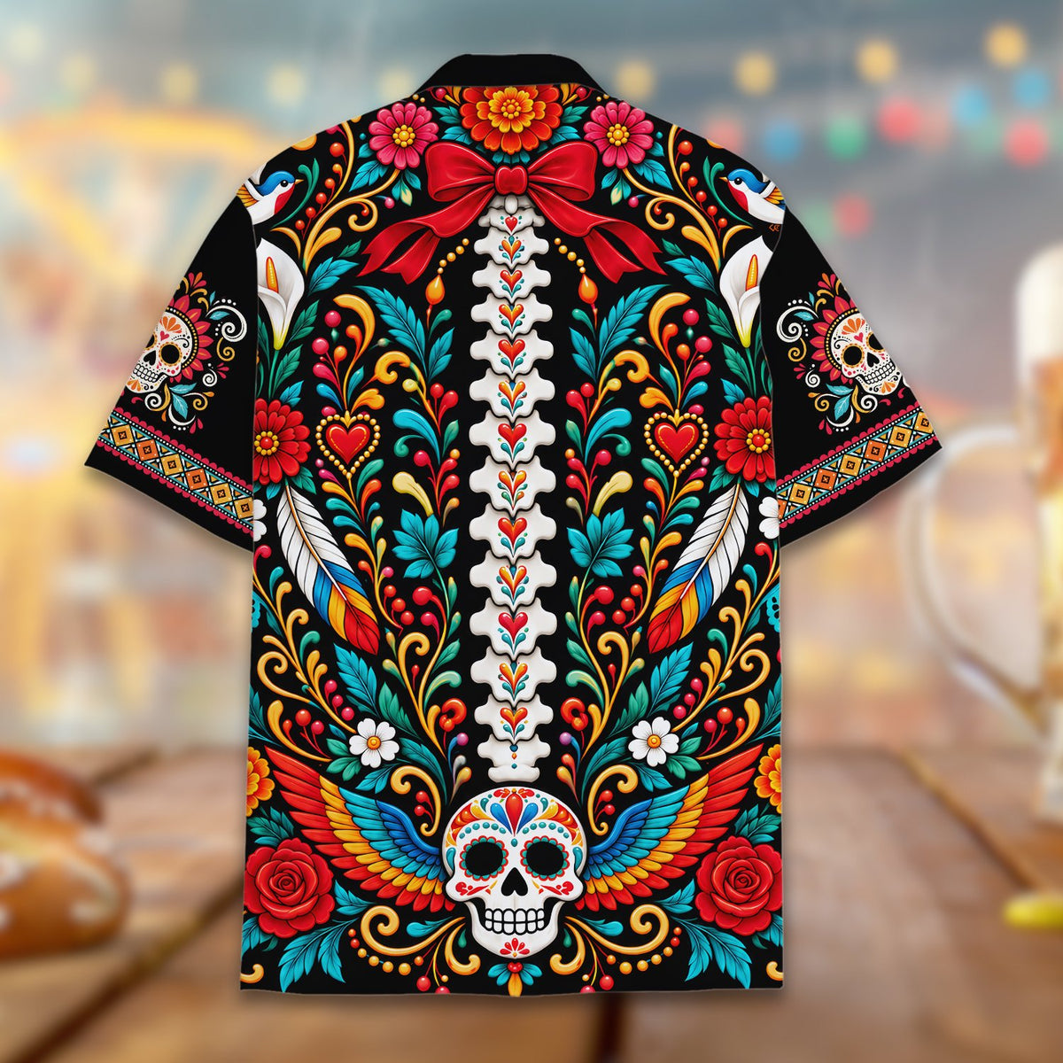 Back view of the Day of the Dead sugar skull hawaiian shirt