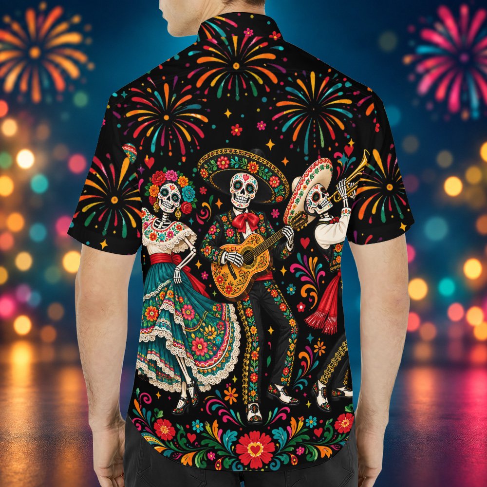 Back view of the Day of the Dead matching family Hawaiian shirt on a different background