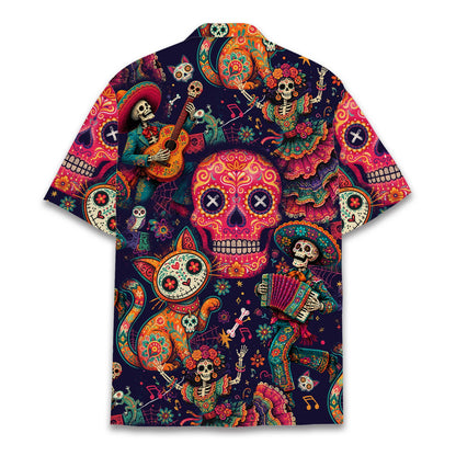 Matching Family Hawaiian Shirts featuring a vibrant Day of the Dead design, back view 2