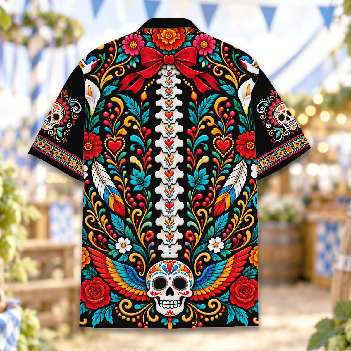 Back view showing the full intricate skeletal and floral motif