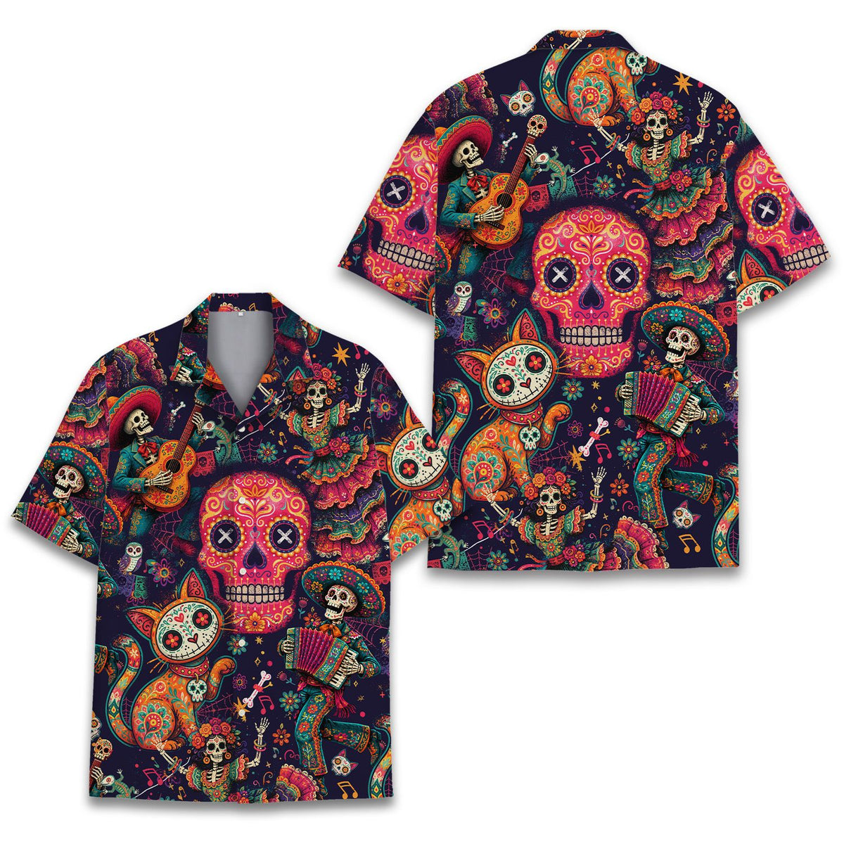 Matching Family Hawaiian Shirts featuring a vibrant Day of the Dead design, back view 3