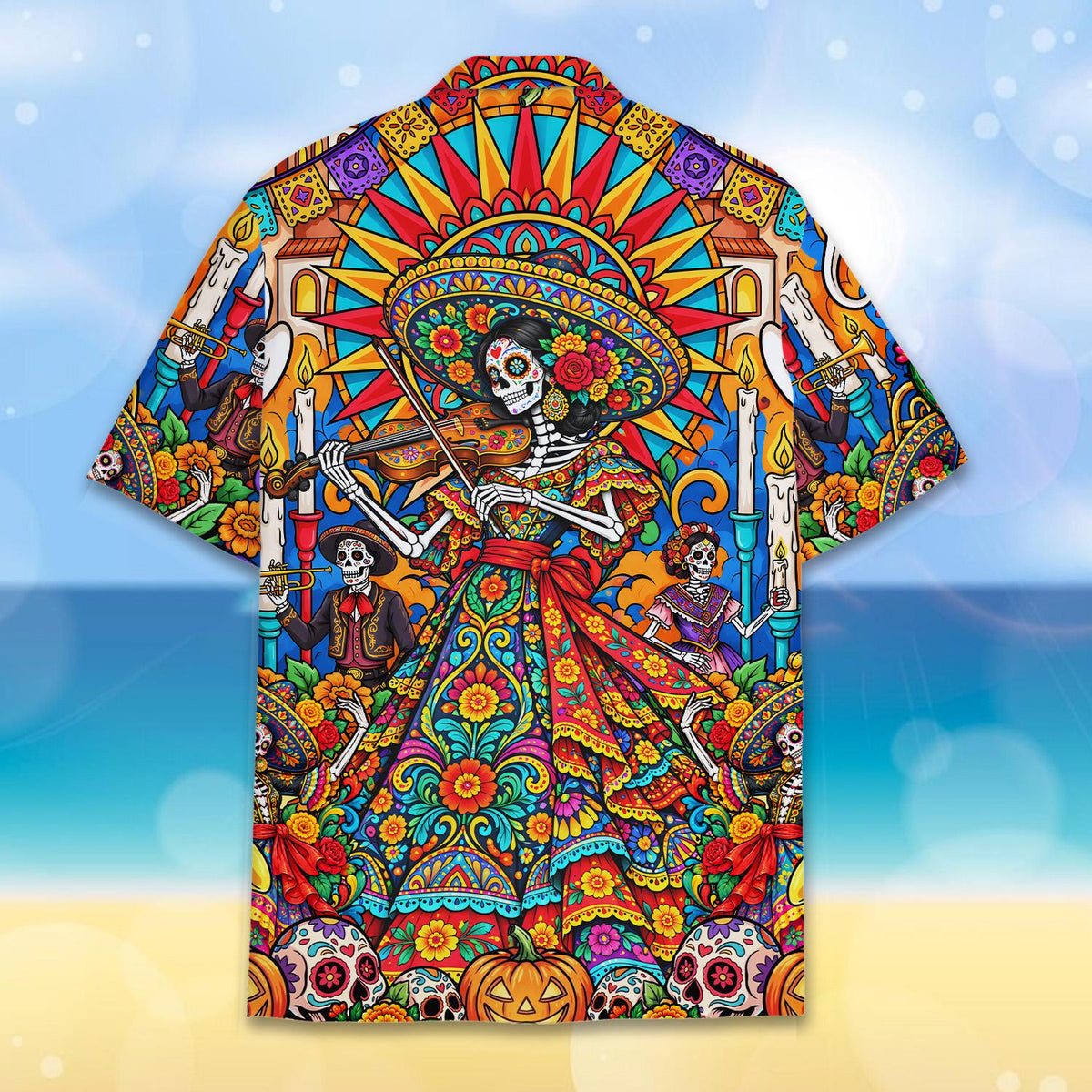 Back view of the matching family hawaiian shirt with day of the dead theme