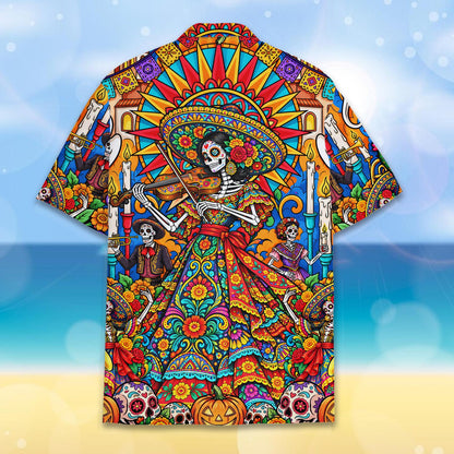 Back view of the matching family hawaiian shirt with day of the dead theme