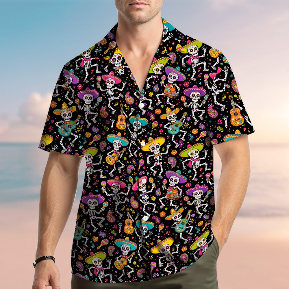 Back view of the Day of the Dead matching family hawaiian shirt