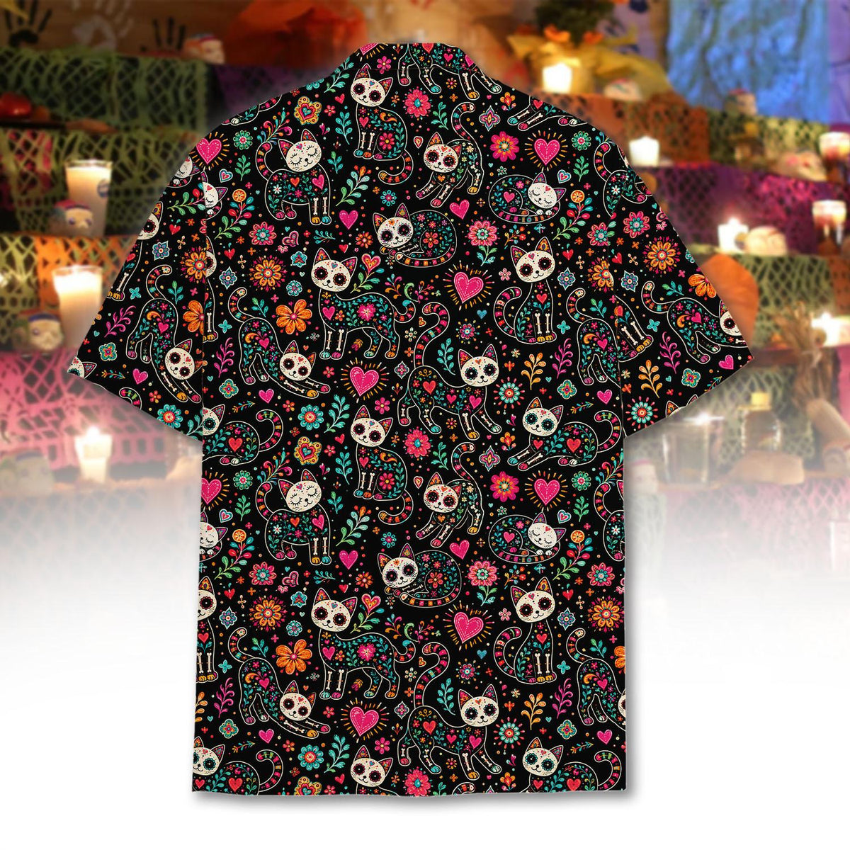 Back view of the vibrant Day of the Dead Hawaiian shirt