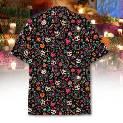 Back view of the vibrant Day of the Dead Hawaiian shirt
