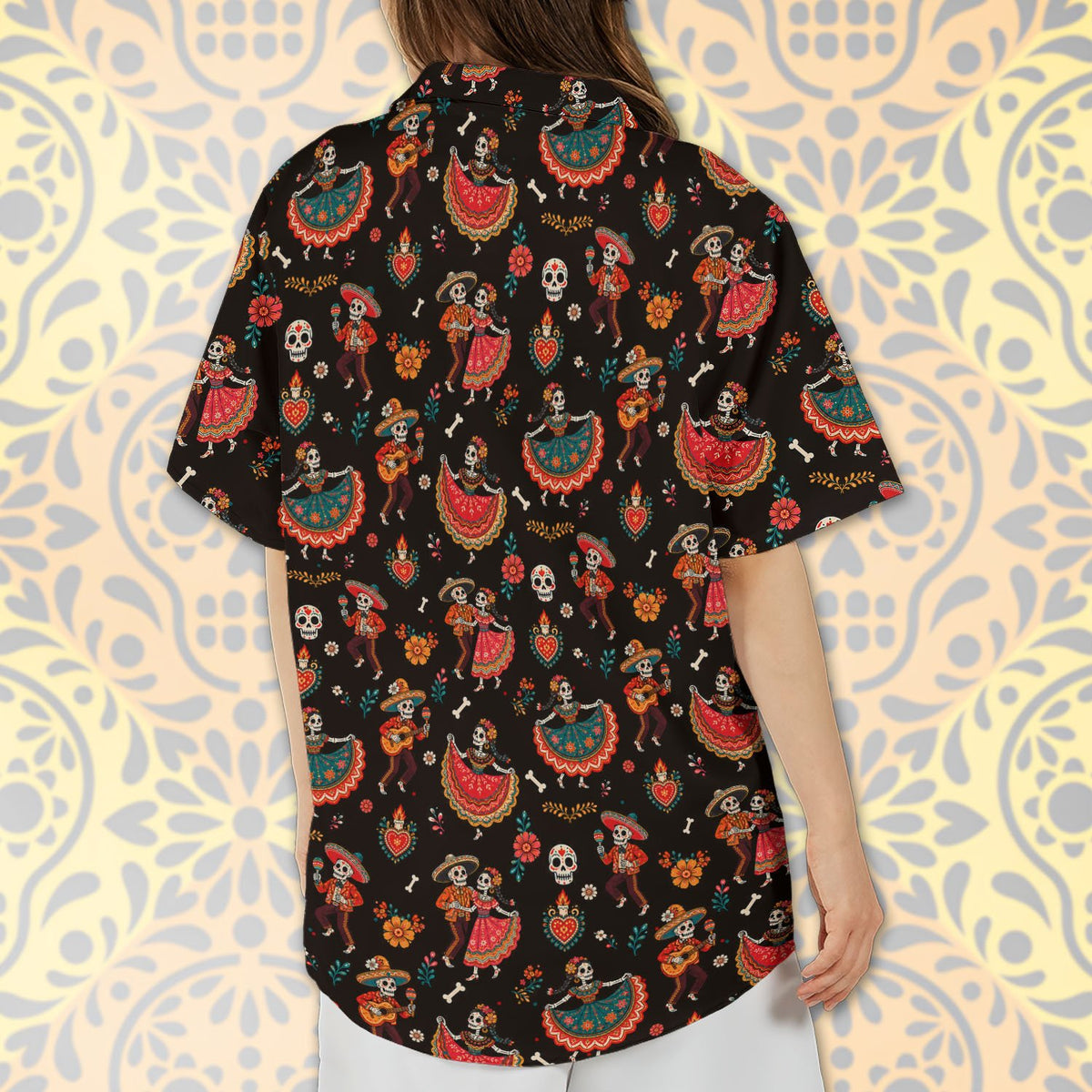Back view of the matching family hawaiian shirt displaying the vibrant Día de los Muertos design
