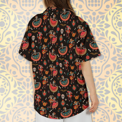 Back view of the matching family hawaiian shirt displaying the vibrant Día de los Muertos design