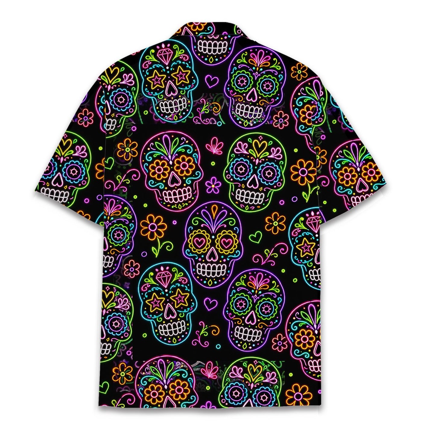 Back view of the matching family hawaiian shirt with neon calaveras