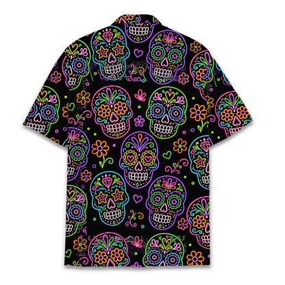 Back view of the matching family hawaiian shirt with neon calaveras