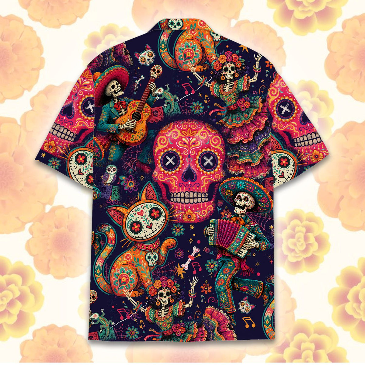 Matching Family Hawaiian Shirts featuring a vibrant Day of the Dead design, back view