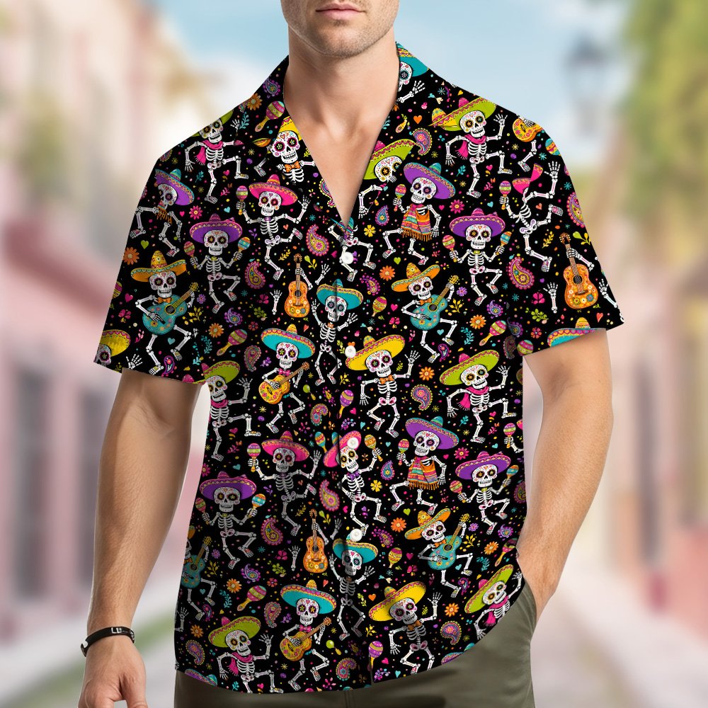 Close up front view of the Day of the Dead family hawaiian shirt