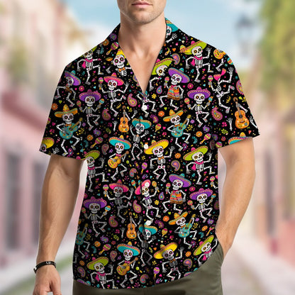 Close up front view of the Day of the Dead family hawaiian shirt