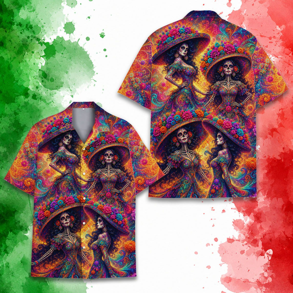 Detailed front view showing magenta, orange, and blue colors on the Day of the Dead hawaiian shirt