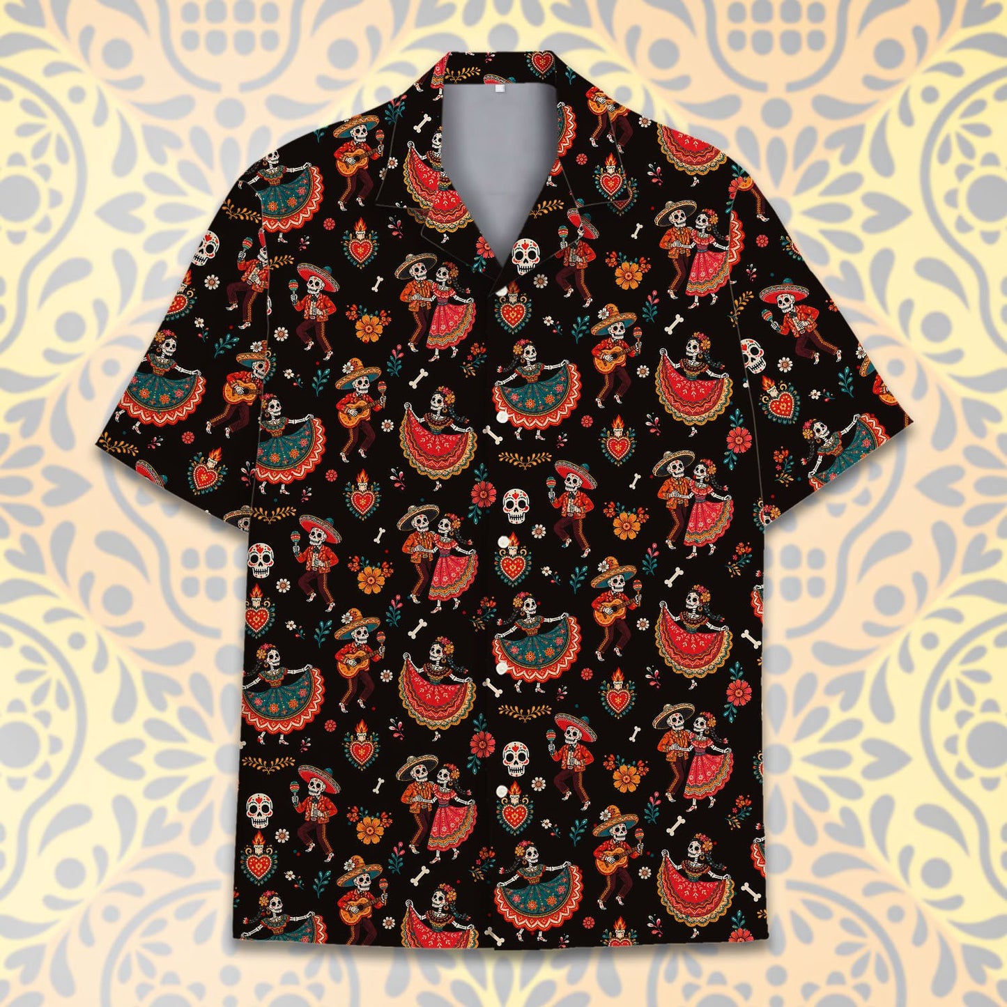Front view detailing the teal, red, and orange sugar skull motifs on the hawaiian shirt