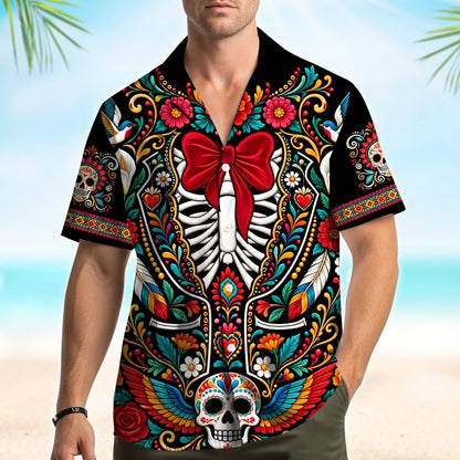 Front view showing sugar skulls and ribcage design on black polyester