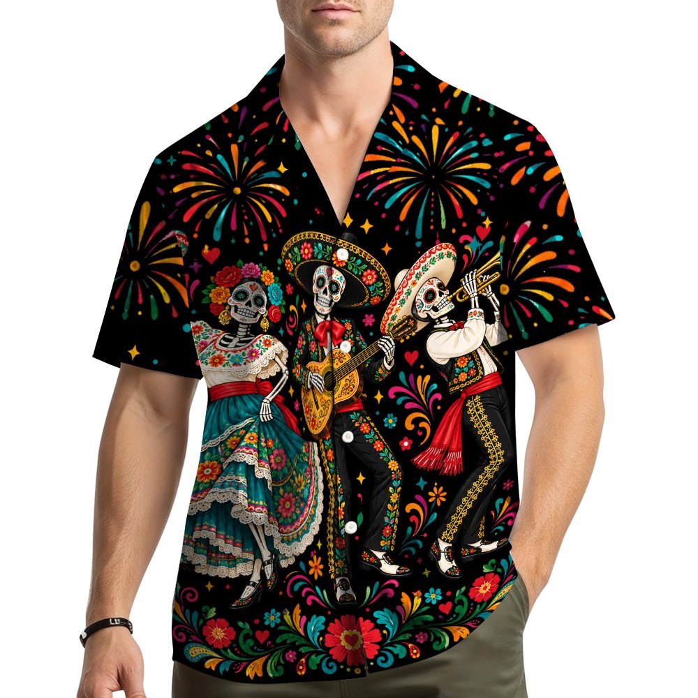 Front view of the Day of the Dead matching family Hawaiian shirt variant