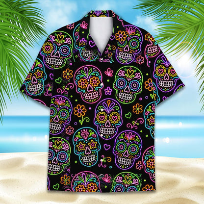 Close up front view of the day of the dead hawaiian shirt