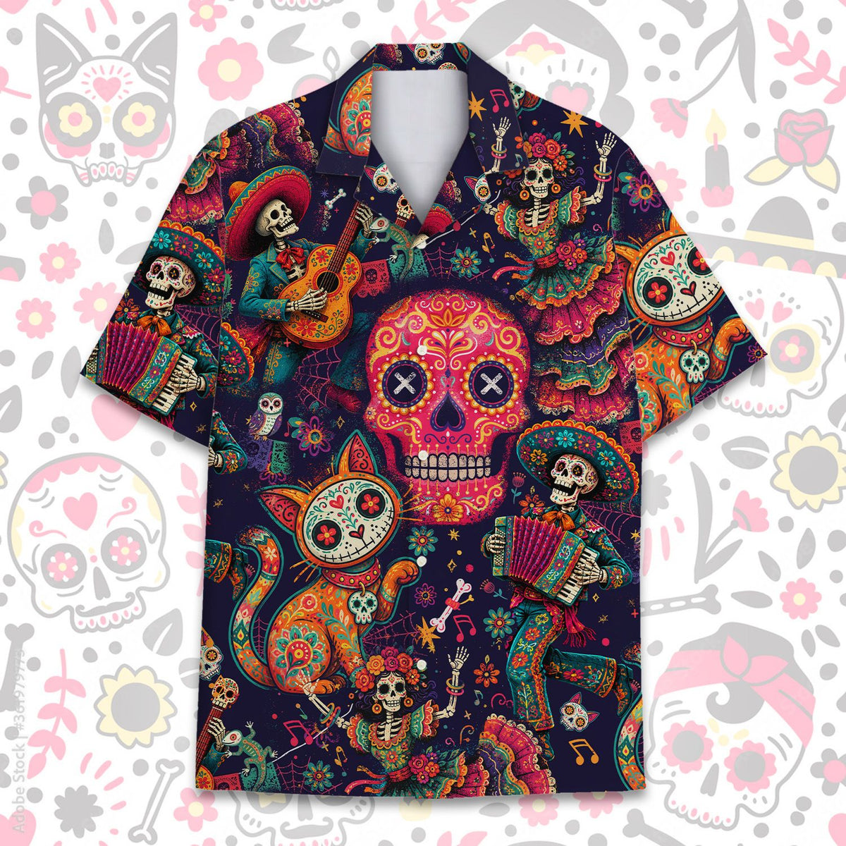 Matching Family Hawaiian Shirts featuring a vibrant Day of the Dead design, front view 2