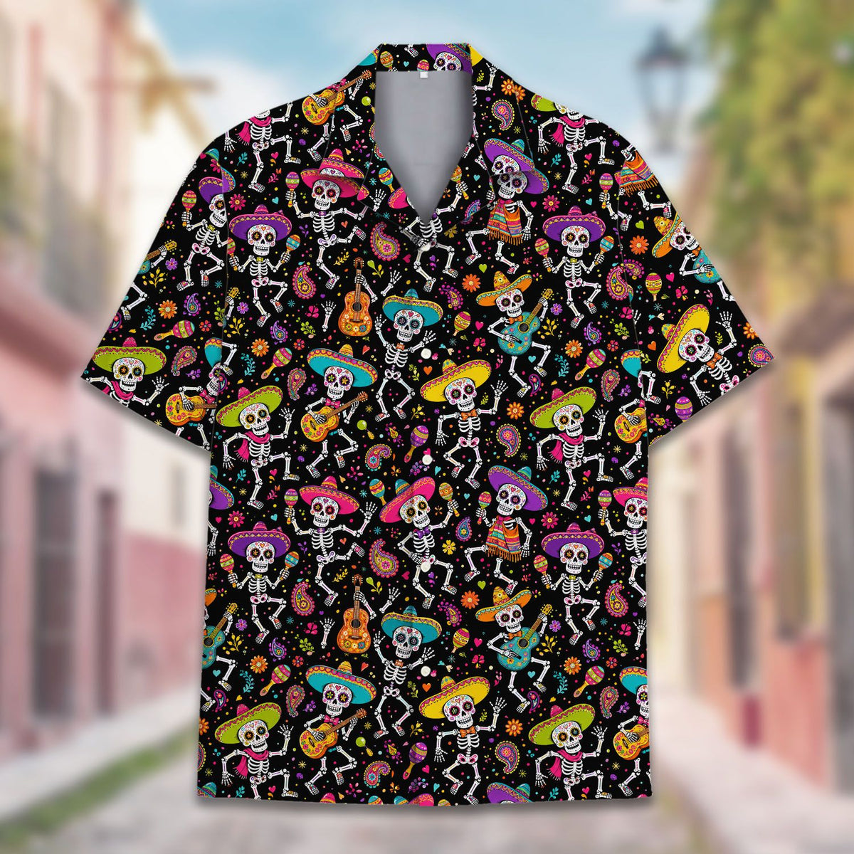 Another front view of the matching family hawaiian shirt with skeleton print