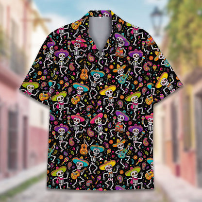 Another front view of the matching family hawaiian shirt with skeleton print