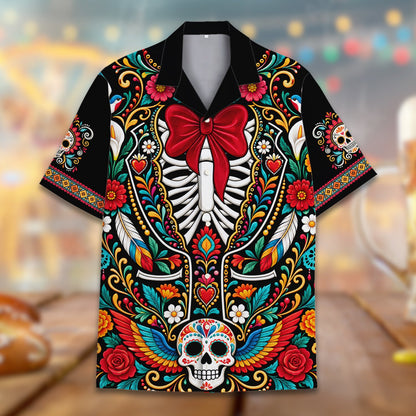 Front view highlighting the red collar bow and colorful floral motifs