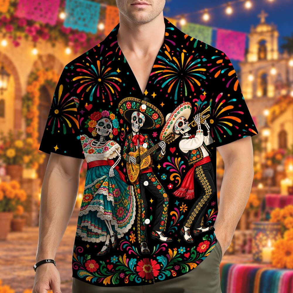 Another front view of the Day of the Dead matching family Hawaiian shirt