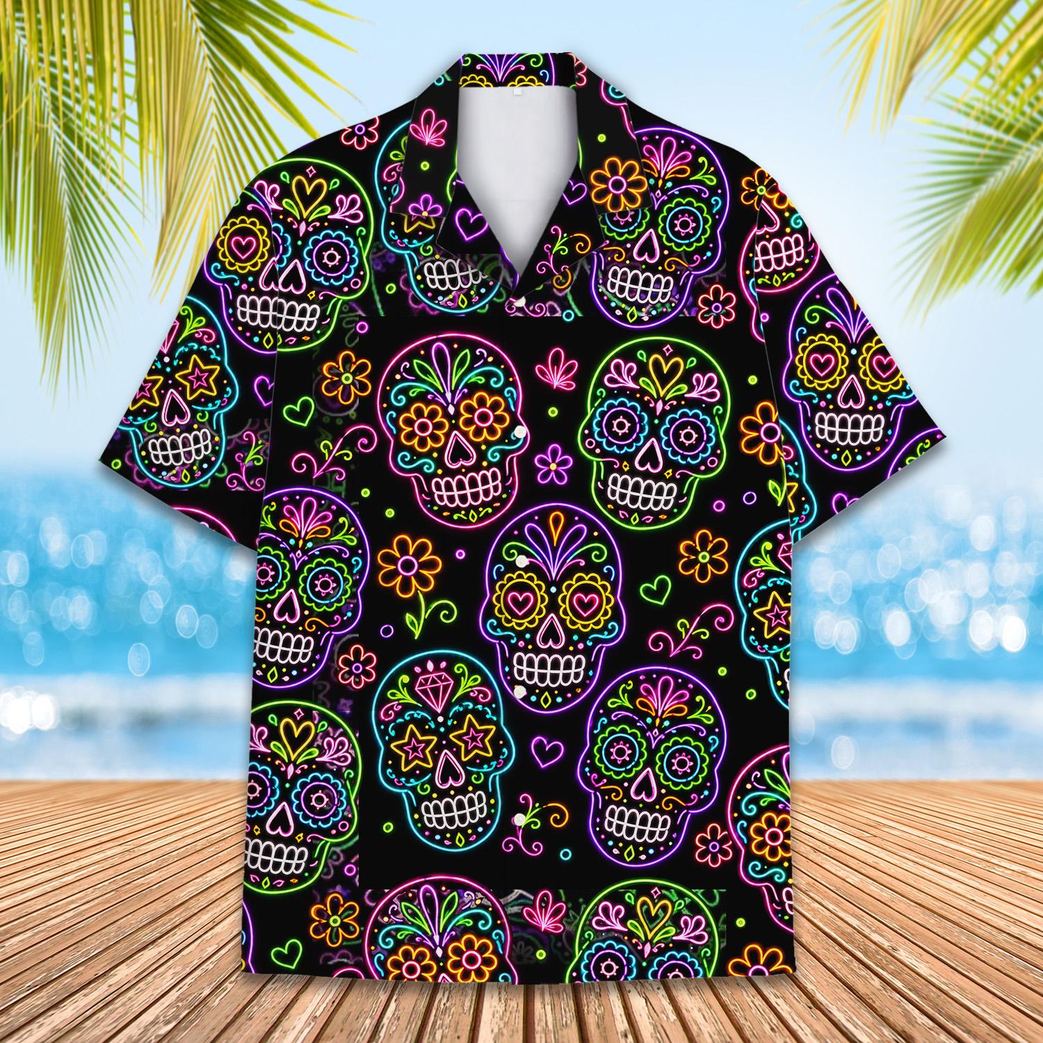 Another front view of the neon floral and skull hawaiian shirt