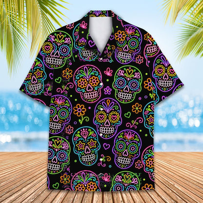 Another front view of the neon floral and skull hawaiian shirt
