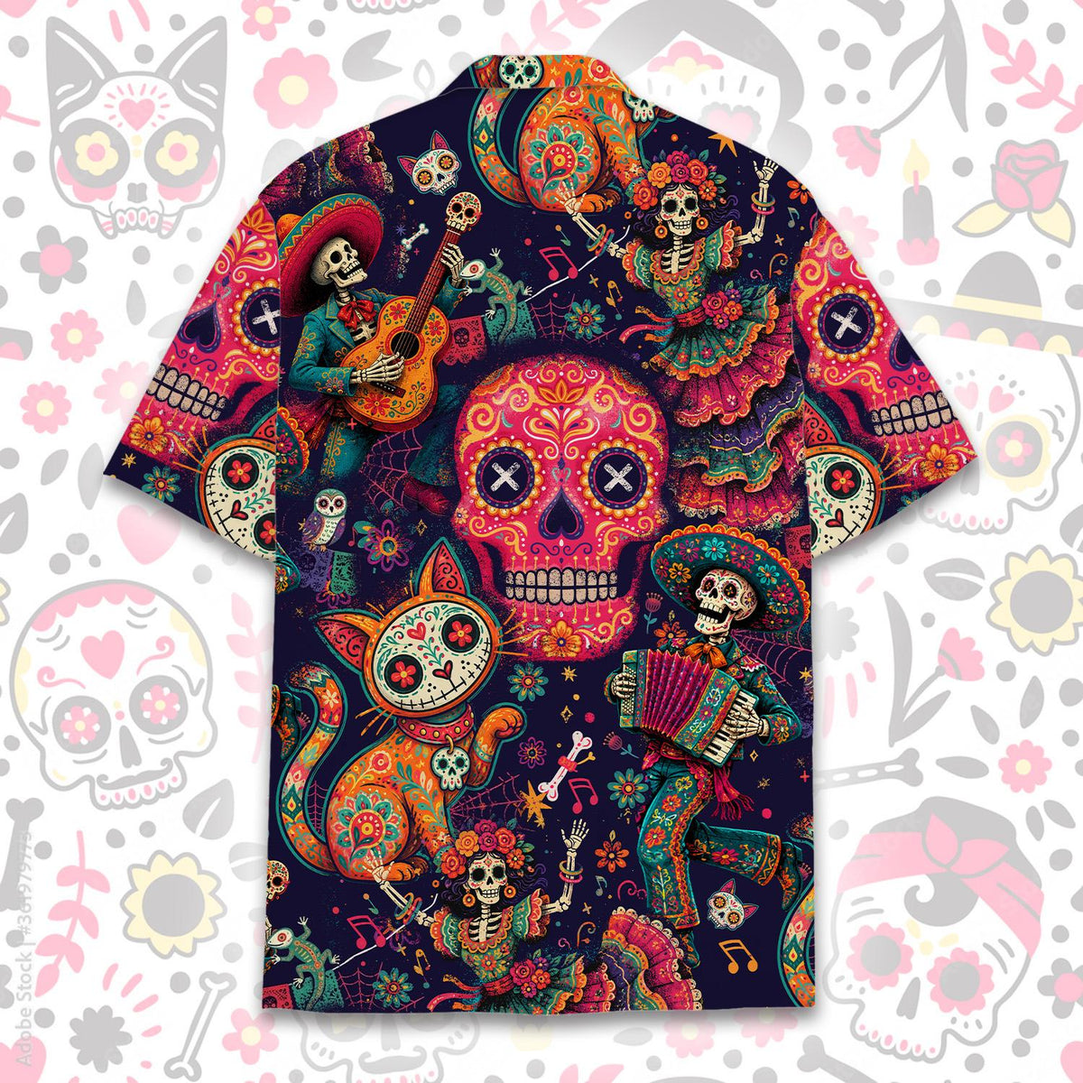 Matching Family Hawaiian Shirts featuring a vibrant Day of the Dead design, front view 3