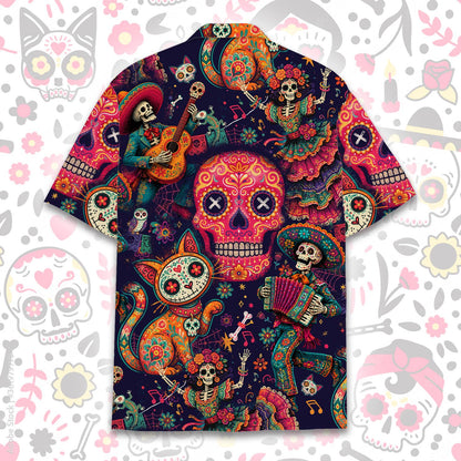 Matching Family Hawaiian Shirts featuring a vibrant Day of the Dead design, front view 3
