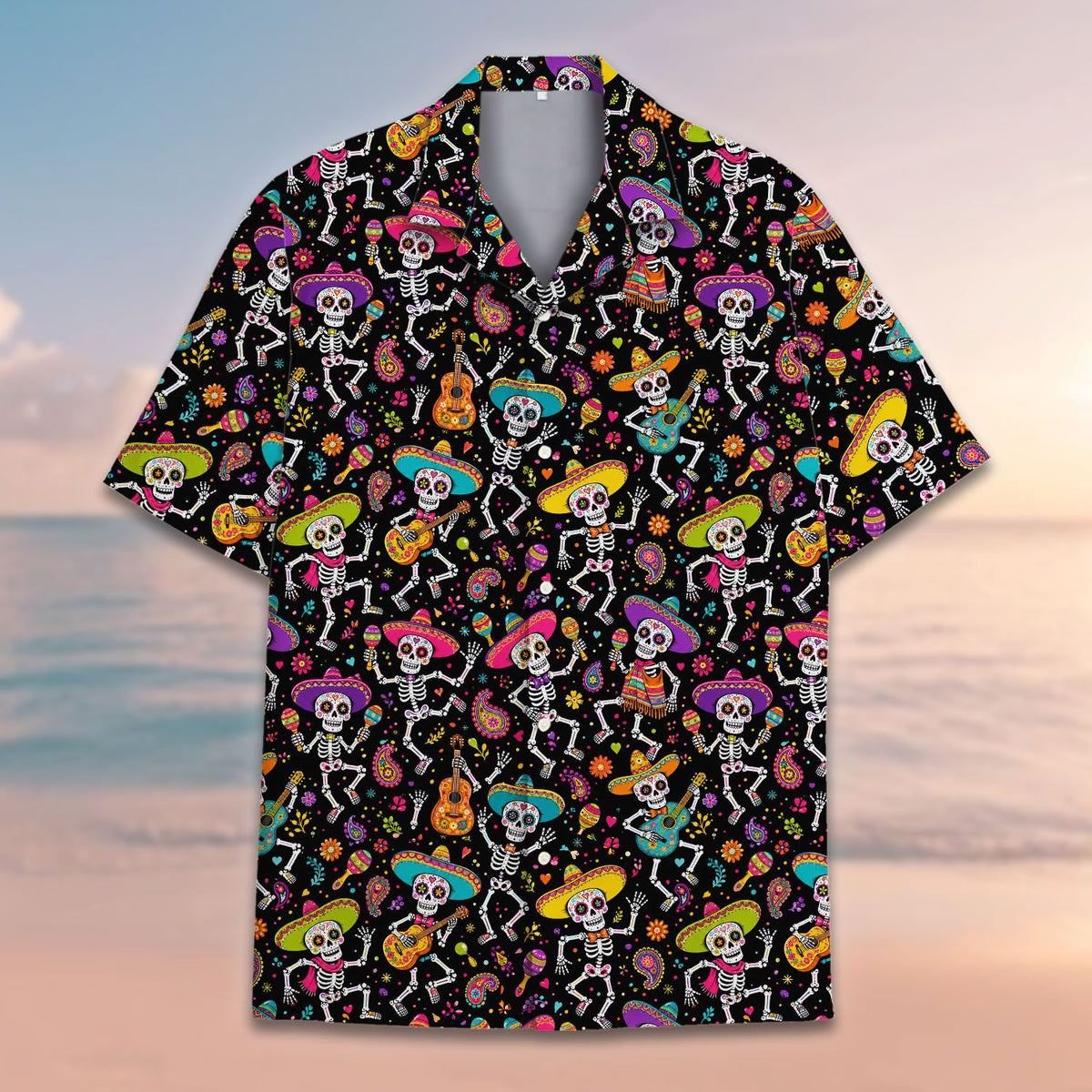 Detailed front view of the Day of the Dead hawaiian shirt
