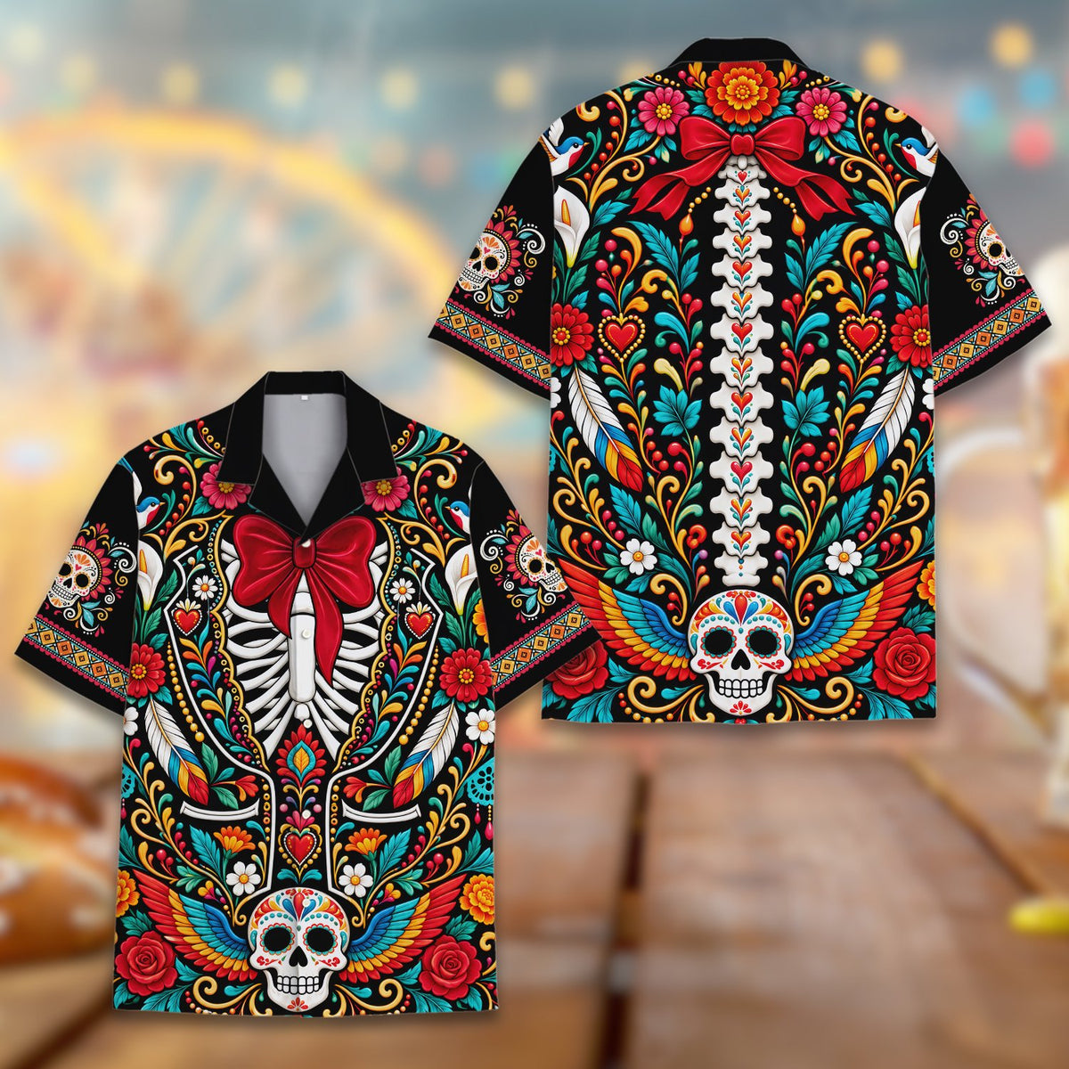 Front view of the Day of the Dead hawaiian shirt in black, red, yellow, and teal