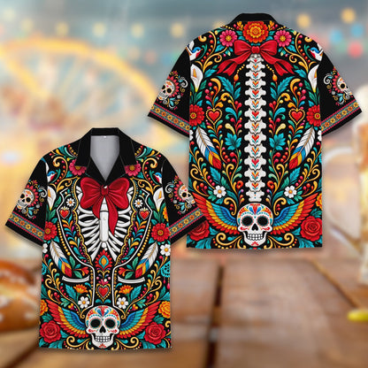 Front view of the Day of the Dead hawaiian shirt in black, red, yellow, and teal